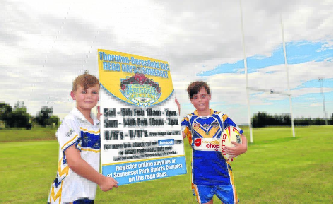 READY FOR A BIG YEAR: Thornton Beresfield Rugby League players Machai Pillidge and Riley Stephens promote the club’s registration days in February.  	120116SS040