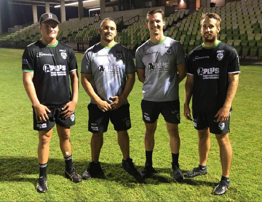 STRAIGHT OUT OF SINGLETON: Ethan Edwards, Jye Bayley (under-19 coach), Oliver Moody (strength and conditioning coach) and James Bradley will represent the Maitland Pickers in 2020.