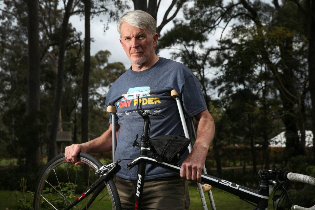 Recovering: Chisholm cyclist Trevor Simmons, 65, was seriously injured and his bike snapped in three places during a hit and run on the New England Highway at Tarro on October 9. Picture: Marina Neil