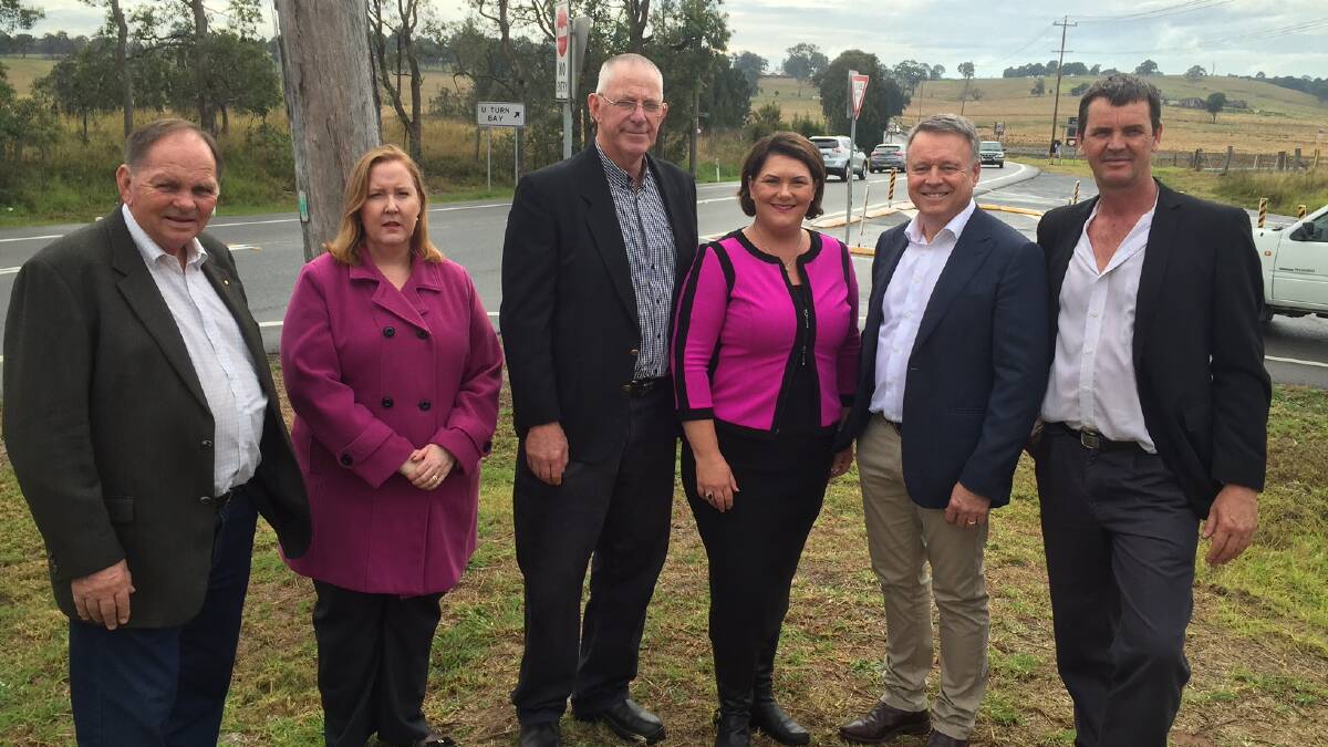 Maitland Mayor Peter Blackmore, state MP Jenny Aitchison and Cessnock Mayor Bob Pynsent with Labor's candidate for Paterson Meryl Swanson and Hunter MP Joel Fitzgibbon and Darrin Gray at Testers Hollow.