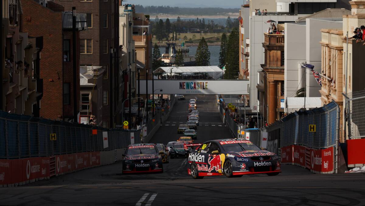 Big weekend: Supercars race through the city streets on the final day of the inaugural Newcastle 500 event in November, 2017. Picture: Max Mason-Hubers