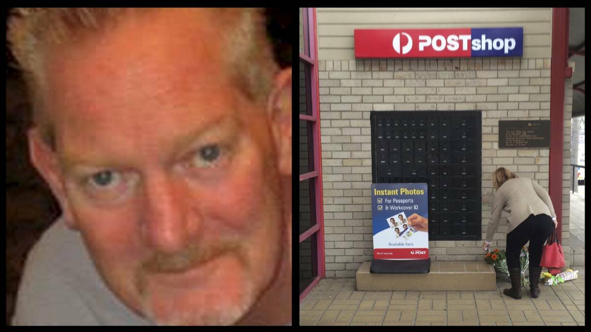  Steve Hodge, left. A woman lays flowers at the Post Office, right. 
