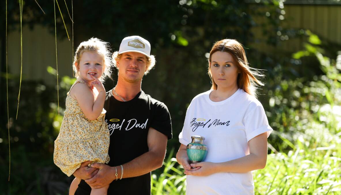 SHATTERED: Sophie Toneguzzi, pictured with partner Harry Bennett and daughter Eden, has opened up on the family's heartache following the stillbirth of Huxley. Picture: Jonathan Carroll