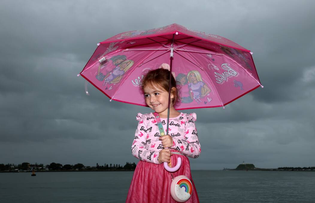 Gigi Gamas Rees, 4, from Seaham with her pink Barbie umbrella enjoying the wet weather in Newcastle on April 5. Picture by Peter Lorimer