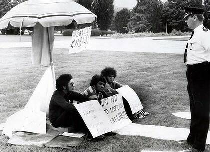 Early days … the original tent embassy under an umbrella in 1972.