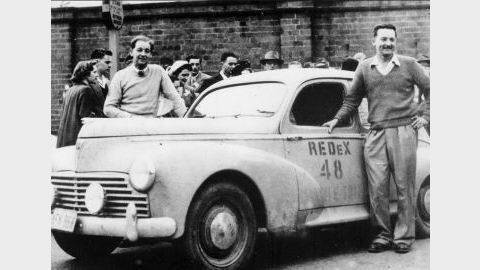 Ken Tubman and John Marshall and their Peugeot 203 that won the initial Redex Rally in 1953.