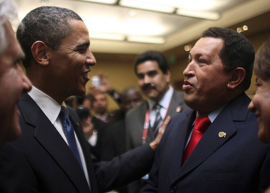 U.S. President Barack Obama (L) greets his Venezuelan counterpart Hugo Chavez before the opening ceremony of the 5th Summit of the Americas in Port of Spain in April, 2009. Photo: REUTERS 