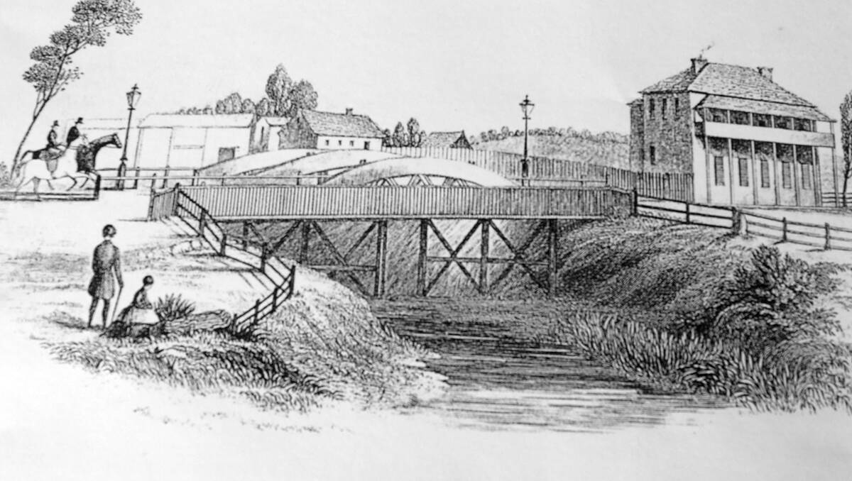 HISTORY: An  early  sketch of  Victoria Bridge, crossing Wallis Creek, dated 1853.